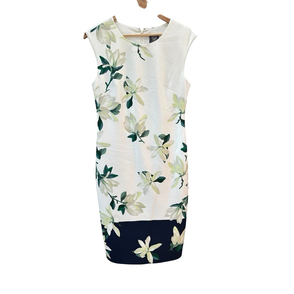 Vince Camuto Floral Summer Cream Blue Green Garden Sleeveless Sheath Dress Sz 12